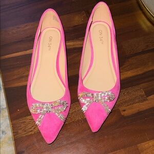 ON 34TH Hot Pink Pointed Toe Crystal Bow Flats